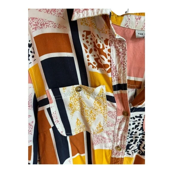 The Odells Lisse Button Down Shirt Size Large geometric Anthropologie Patchwork - Picture 9 of 11